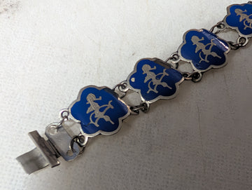 Vintage Siam Sterling Silver Blue Enamel Link Bracelet 7 Inches