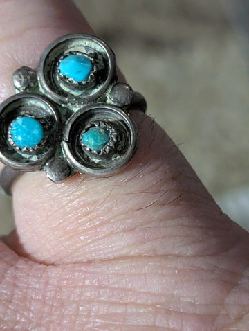 Vintage Southwestern Sterling Silver 3-Stone Turquoise Cluster Ring Size 7.5