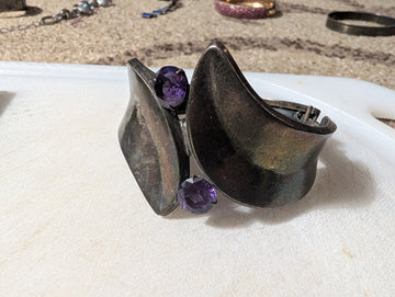 Vintage Taxco Mexican Sterling Silver Amethyst Hinged Cuff Bracelet