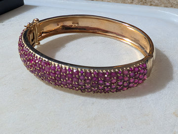 Vintage Thailand 925 Sterling Gold Vermeil Pave Pink Gemstone Hinged Bangle