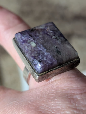 Vintage Sterling Silver Charoite Rectangular Statement Ring Size 9