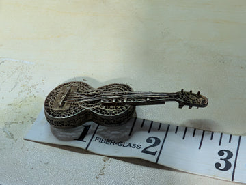 Vintage Silver Filigree Guitar Pin Brooch Musical Instrument