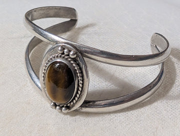 Vintage Mexican Sterling Silver 925 Tiger's Eye Split Shank Cuff Bracelet
